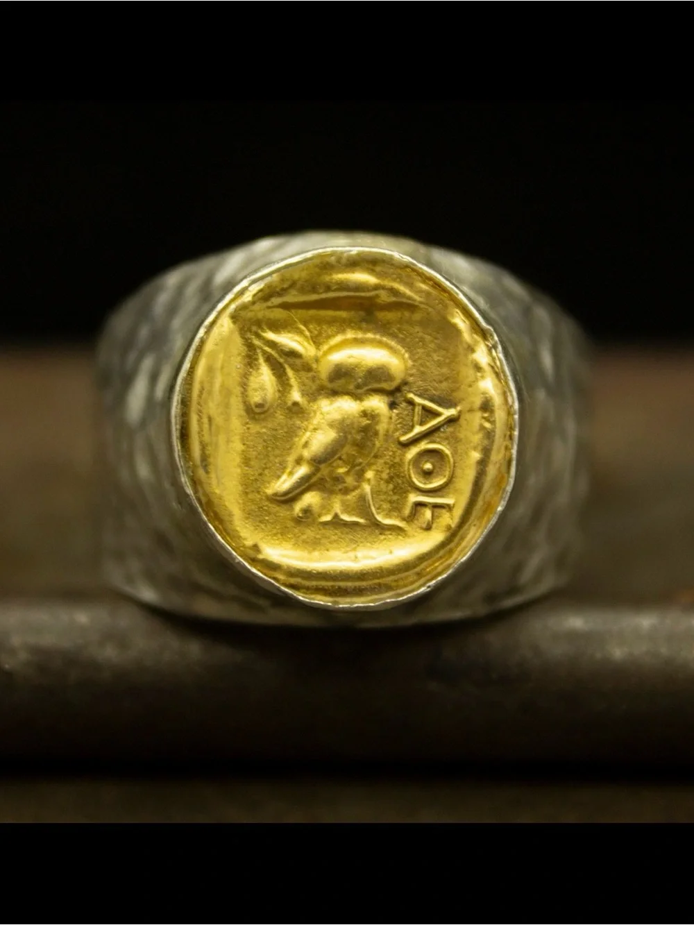 VINTAGE • Sterling Silver Hammered Signet Ring Owl AOE of the Athenian